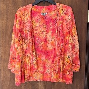 Go Fish Clothing Bright Orange Art To Wear Open Front Blouse XL Floral Summer